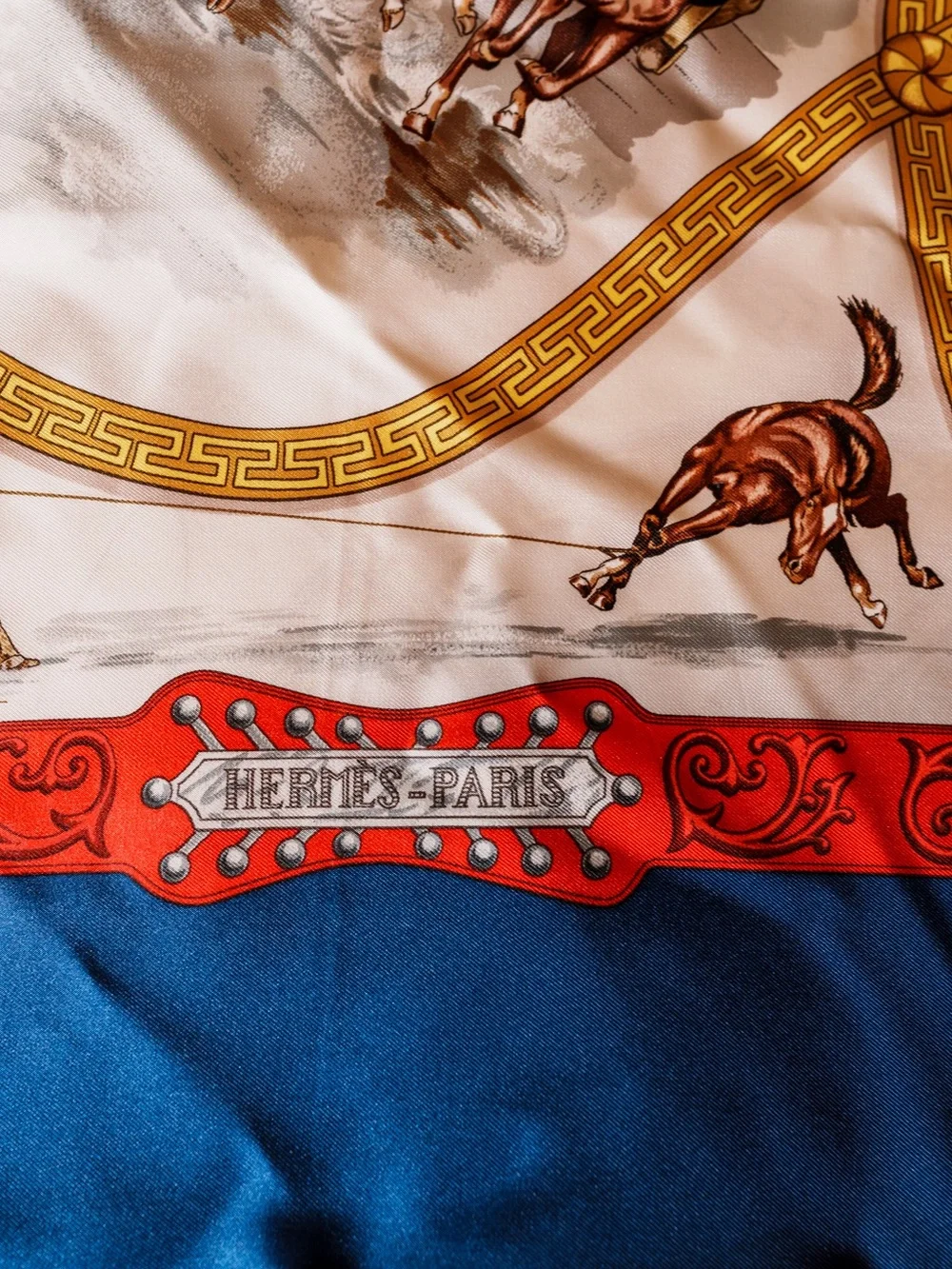 Hermès Charreada Silk Twill Scarf Carré 90 Ivory Gold Mexican Rodeo Motif